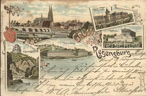 Regensburg Donaubruecke Dom Schloss Walhalla Kloster Weltenburg Befreiungshalle Litho Kat. Regensburg