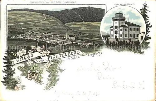 Oberwiesenthal Erzgebirge Panorama mit Fichtelberg Unterkunftshaus Aussichtsturm Litho Kat. Oberwiesenthal