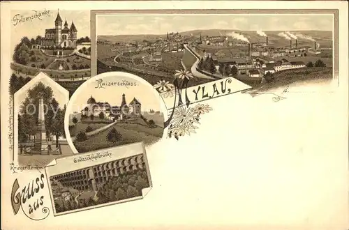 Mylau Gesamtansicht Felsenschaenke Kaiserschloss Kriegerdenkmal Goeltzschtalbruecke Litho Kat. Mylau