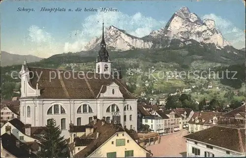 Schwyz Hauptplatz Kirche mit beiden Mythen / Schwyz /Bz. Schwyz