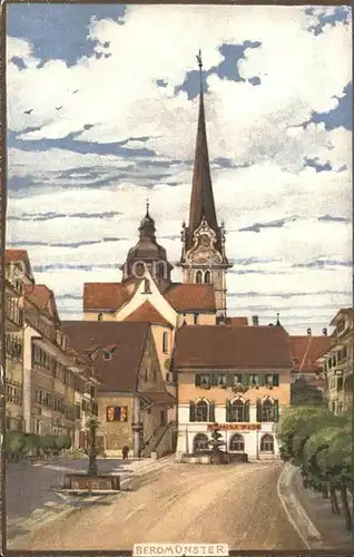 Beromuenster Markt Kirche Brunnen Aquarell / Beromuenster /Bz. Sursee