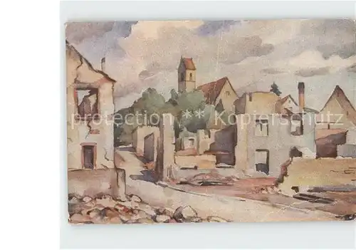 Haltingen nach franzoesischer Beschiessung Aquarell / Weil am Rhein /Loerrach LKR