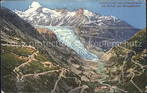 Rhonegletscher Glacier du Rhone mit Furka  und Grimselstrasse Gletsch  Kat. Rhone