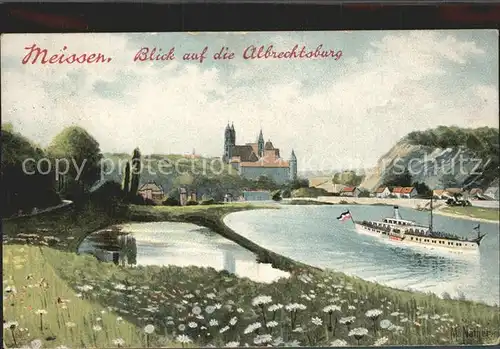 Meissen Elbe Sachsen Blick auf die Albrechtsburg mit Dampfer Kat. Meissen