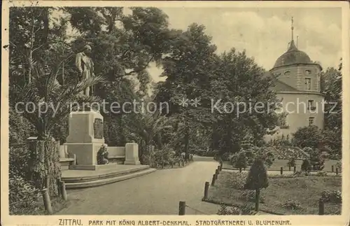 Zittau Park mit Koenig Albert Denkmal Stadtgaertnerei und Blumenuhr Kat. Zittau