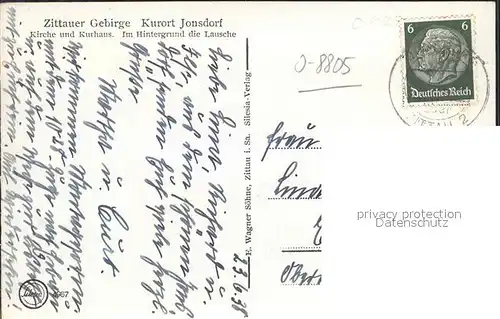 Jonsdorf Partie an der Kirche Kurhaus Lausche Zittauer Gebirge Silesia Karte Nr 4987 Kat. Kurort Jonsdorf