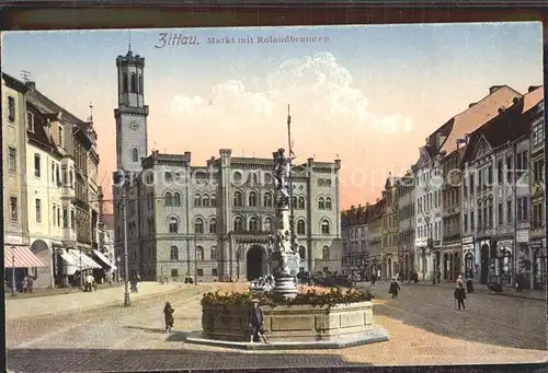 Zittau Markt mit Rolandbrunnen Rathaus Kat. Zittau