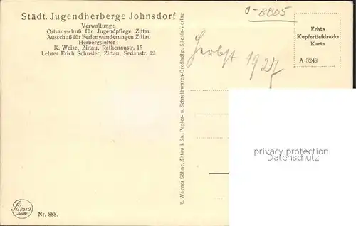 Jonsdorf Jugendherberge der Stadt Zittau Kupfertiefdruck Silesia Karte Nr 888 Kat. Kurort Jonsdorf