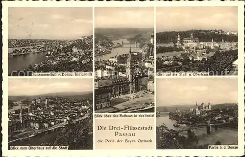 Passau Zusammenfluss Donau Inn und Ilz Blick vom Oberhaus Rathaus Kat. Passau