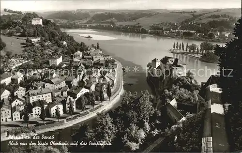 Passau Blick von der Veste Oberhaus auf das Dreiflusseck Donau Ilz Inn Kat. Passau