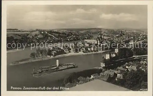 Passau Dreifluessestadt Zusammenfluss von Donau Inn Ilz Dampfer Kat. Passau