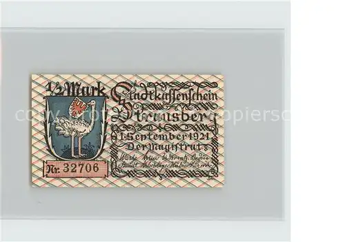 Strausberg Brandenburg Stadtkassenschein 1 2 Mark Wappen Vogel Strauss Kat. Strausberg