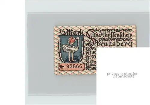 Strausberg Brandenburg Stadtkassenschein 1 2 Mark Wappen  Kat. Strausberg