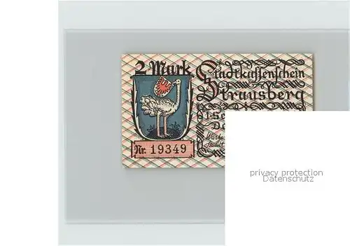Strausberg Brandenburg Stadtkassenschein 2 Mark Wappen Kat. Strausberg