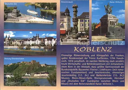 Koblenz Rhein Mosel Deutsches Eck Historiensaeule Festung Ehrenbreistein Kaiser Wilhelm Kat. Koblenz