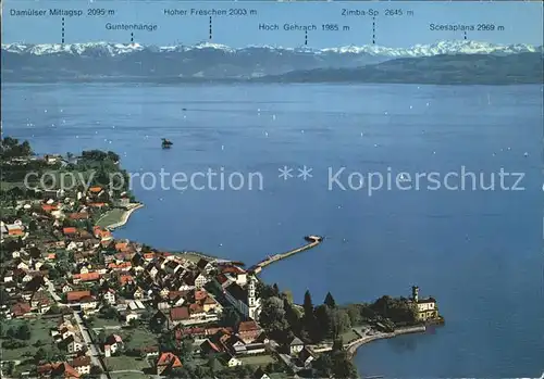 Langenargen Bodensee Fliegeraufnahme mit oesterreicher und Schweizer Alpen Kat. Langenargen