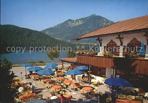 Spitzingsee Postgasthof St Bernhard Seeterrasse mit Brecherspitze Bayerische Alpen Kat. Schliersee