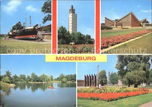 Magdeburg Kulturpark Rotehorn SD Wuerttemberg Museumsschiff Gaststaette Aussichtsturm Hyparschale See Pferdetor Kat. Magdeburg