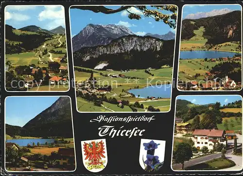 Thiersee Gesamtansicht Passionsspieldorf Alpenpanorama Wappen Blauer Enzian See Kat. Thiersee