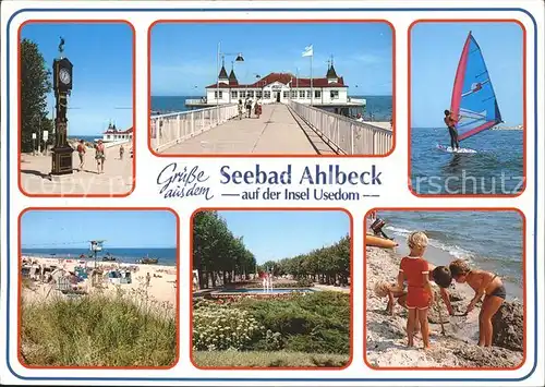 Ahlbeck Ostseebad Standuhr Seebruecke Windsurfen Strand Park Promenade Kat. Heringsdorf Insel Usedom