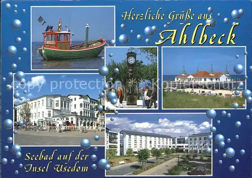 Ahlbeck Ostseebad Fischkutter Standuhr Seebruecke Strand Hotel Restaurant Rehaklinik Kat. Heringsdorf Insel Usedom