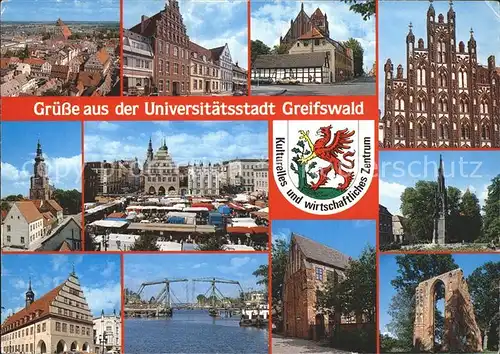 Greifswald Mecklenburg Vorpommern Teilansichten Rathaus Dom Marktplatz Giebelhaeuser Klappbruecke Ruine Kirche Wappen Kat. Greifswald