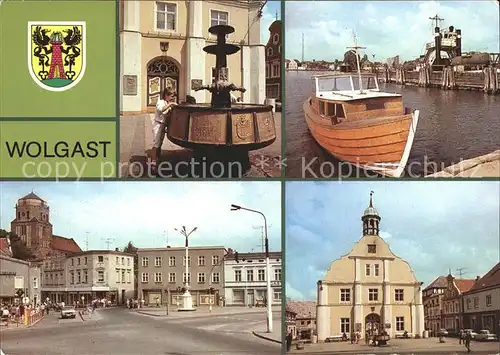 Wolgast Mecklenburg Vorpommern Rathaus Brunnen Faehrschiff Stralsund Platz der Jugend Kat. Wolgast