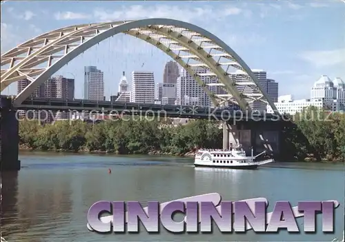 Cincinnati Ohio Bridge Riverboat on the Ohio River Skyline Kat. Cincinnati