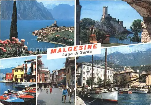Malcesine Lago di Garda Panorama Gardasee Burg Hafen Segelschiff Strassenpartie Kat. Malcesine