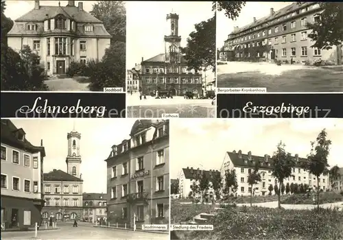 Schneeberg Erzgebirge Stadtbad Rathaus Krankenhaus Siedlung des Friedens Stadtinneres Kirche Kat. Schneeberg