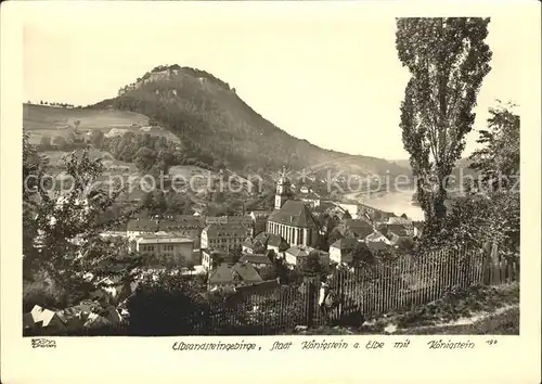 Koenigstein Saechsische Schweiz Ortsansicht mit Kirche Festung Elbe Elbsandsteingebirge Kat. Koenigstein Saechsische Schweiz