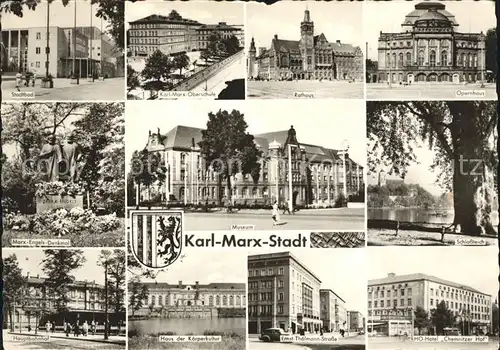 Karl Marx Stadt Stadtbad Schule Rathaus Opernhaus Schlossteich HO Hotel Museum Marx Engels Denkmal Bahnhof Haus der Koerperkultur Ernst Thaelmann Strasse Kat. Chemnitz