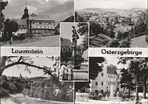 Lauenstein Erzgebirge Gaststaette Goldener Loewe Brunnen Statue Panorama Schloss Springbrunnen Kat. Geising