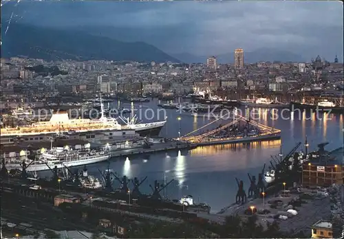 Genova Genua Liguria Panorama notturno del porto e Leonardo da Vinci Dampfer Hafen Kat. Genova