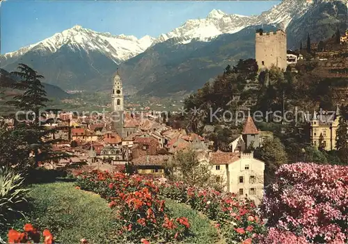 Merano Suedtirol Ortsansicht mit Kirche Schloss Alpen Kat. Merano