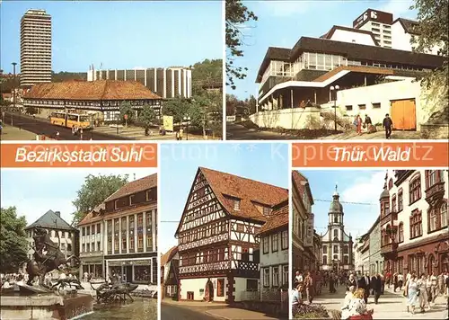 Suhl Thueringer Wald Hochhaus Viadukt Waffenmuseum Stadthalle Hotel Diana Brunnen Rathaus Fachwerkhaus Steinweg Kat. Suhl