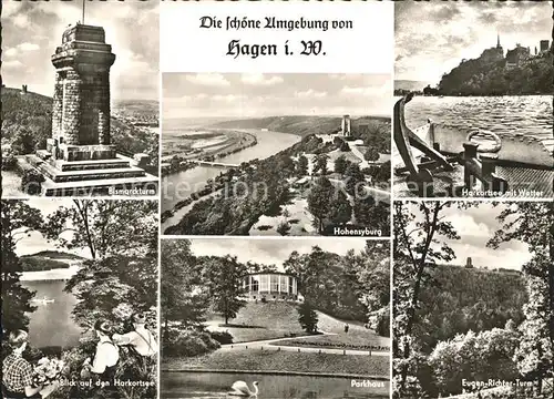 Hagen Westfalen und Umgebung Bismarckturm Hohensyburg See Eugen Richter Turm Parkhaus Harkortsee Kat. Hagen