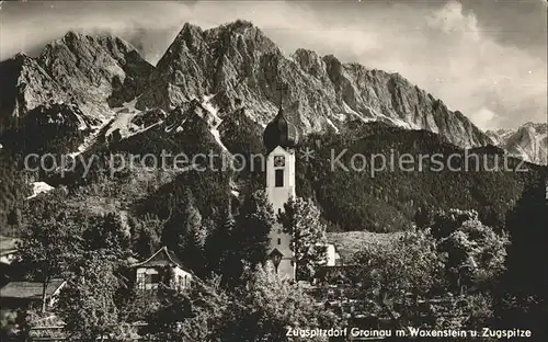 Grainau mit Kirche Waxenstein und Zugspitze Kat. Grainau