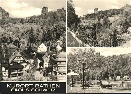 Rathen Saechsische Schweiz Talwaechter und Lokomotive Liegewiese Elbe Moench Kat. Rathen Sachsen