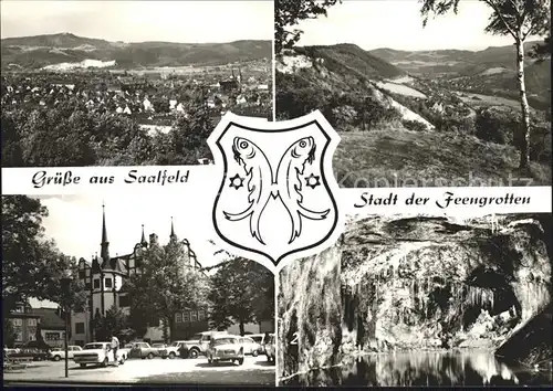 Saalfeld Saale Stadt der Feengrotten Rathaus Maerchendom mit Gralsburg Kat. Saalfeld