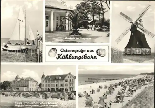 Kuehlungsborn Ostseebad Segelboote Lesehalle Kurgarten Windmuehle FDGB Erholungsheime Haus Schwerin und Jochen Weigert Strandpartie Kat. Kuehlungsborn