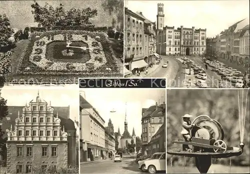 Zittau Blumenuhr Platz der Jugend Rathaus Hefftergiebel Museum HOG Volkshaus Weberkirche Schleifermaennchen Gruener Ring Kat. Zittau