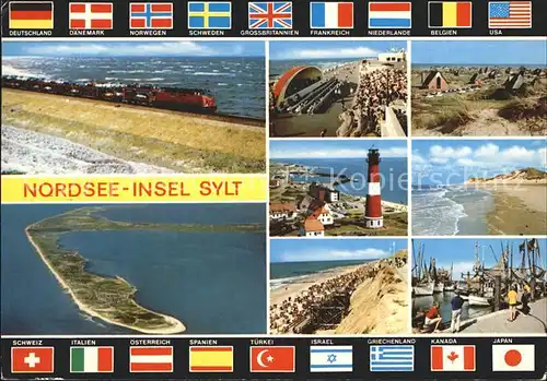 Insel Sylt Eisenbahn Damm Konzertpavillon Strand Leuchtturm Hafen Ferienhaeuser Luftaufnahme Nationalflaggen Kat. Westerland