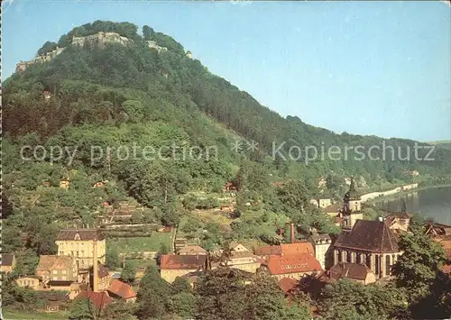 Koenigstein Saechsische Schweiz Ortsansicht mit Kirche mit Blick zur Festung Kat. Koenigstein Saechsische Schweiz