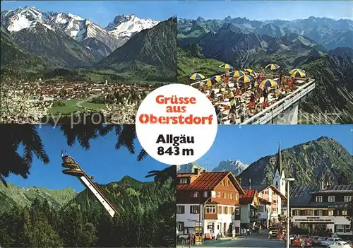 Oberstdorf Totalansicht mit Allgaeuer Alpen Nebelhorngipfel Aussichtsterrasse Heini Klopfer Skiflugschanze Hauptstrasse Kratzer Kat. Oberstdorf