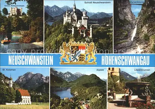 Hohenschwangau Schloss Hohenschwangau und Neuschwanstein Marienbruecke St Koloman Alpsee Loewenbrunnen Kat. Schwangau