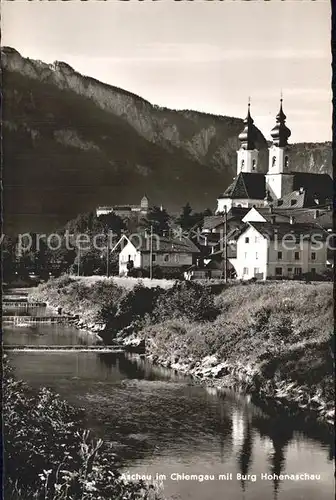 Aschau Chiemgau Partie am Fluss Kirche Burg Hohenaschau Kat. Aschau i.Chiemgau