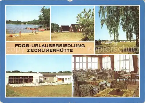 Zechlinerhuette FDGB Urlaubersiedlung Badestelle Bootssteg Tietzowsee Finnhuetten Urlaubersiedlung Terrasse Restaurant Kat. Rheinsberg