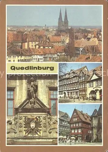 Quedlinburg Blick vom Burgberg Kirche Kornmarkt Wappen Rathaus Haeuser am Markt Rolandstatue Kat. Quedlinburg