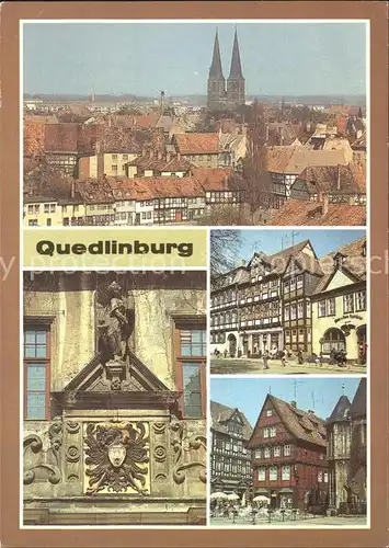 Quedlinburg Blick vom Burgberg Kirche Kornmarkt Wappen Rathaus Haeuser am Markt mit Roland Statue Fachwerkhaeuser Kat. Quedlinburg
